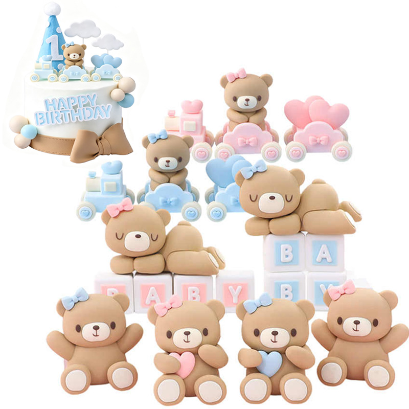 3D 핑크 블루 곰 케이크 토퍼 생일 케이크 장식 남아 - Resin Art Baby 리뷰 및 가격